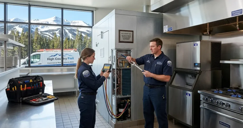 A male and female technical professional in branded navy uniforms from High Country Fix It perform comprehensive maintenance and diagnostics on open commercial ice making units and internal coils in a stainless steel kitchen overlooking snowy Rocky Mountains, using standard gauges and tools.