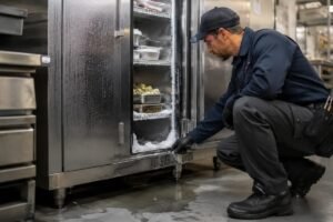 Technician inspecting frost buildup and moisture near a commercial freezer in a restaurant kitchen.