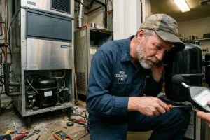 High Country Fixit technician diagnosing commercial ice machine compressor noise in Summit County