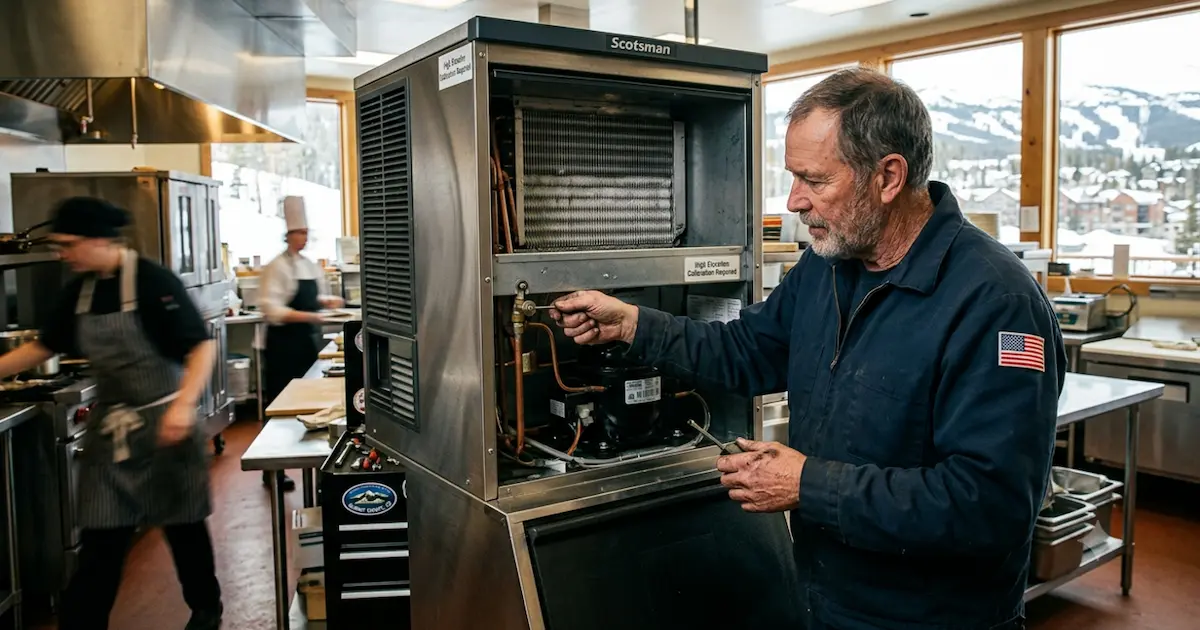 High Country Fixit technician repairing a commercial ice machine in a Summit County restaurant kitchen with mountain views