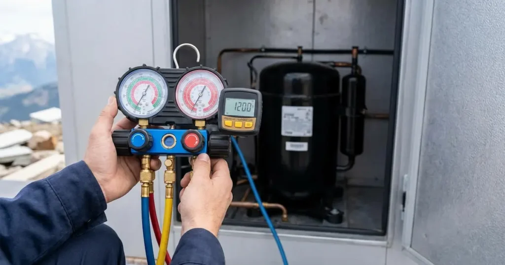Technician checking head pressure on commercial refrigeration at high altitude in Summit County