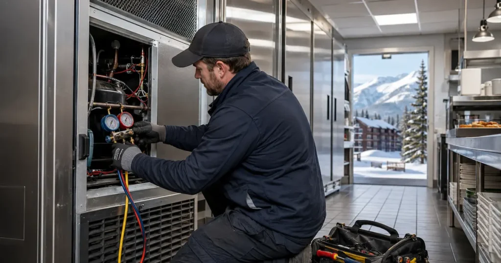 Technician repairing a commercial refrigeration system in a Summit County restaurant kitchen with snowy mountains outside.