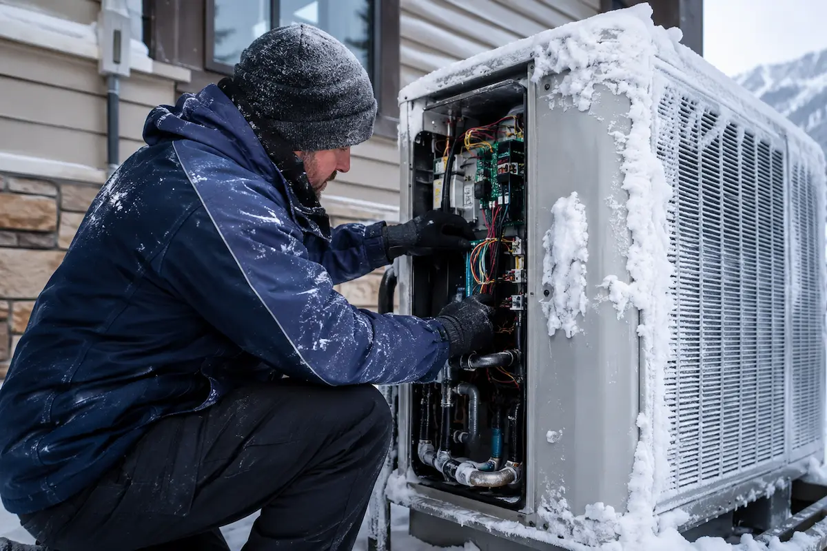 Technician inspecting a frozen heat pump defrost controller and sensors in Summit County Colorado