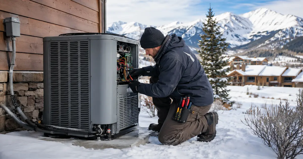 HVAC technician repairing a heat pump in snowy Summit County Colorado