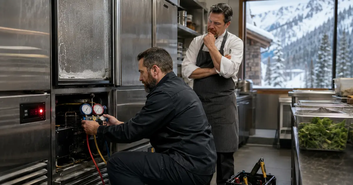 Technician checking commercial refrigeration equipment in a Summit County restaurant kitchen while the chef watches for repair issues.