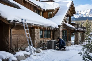 Summit County home maintenance technician inspecting a snowy mountain home with roof ice, HVAC unit, clogged gutters, and winter plumbing.