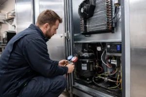 Technician inspecting critical components of a commercial refrigeration unit during service in a Summit County restaurant kitchen.