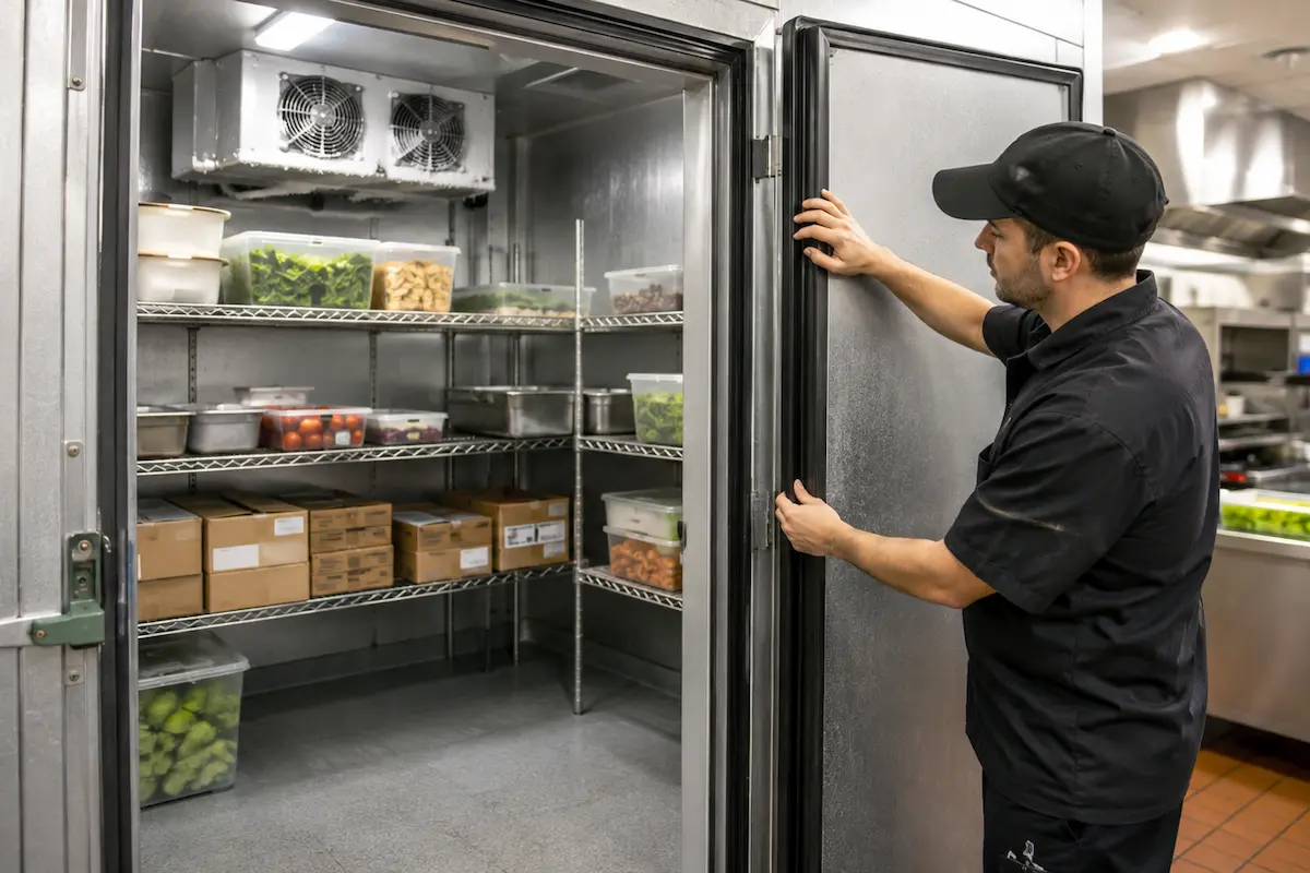 Technician inspecting walk-in cooler door seals and airflow in a commercial kitchen