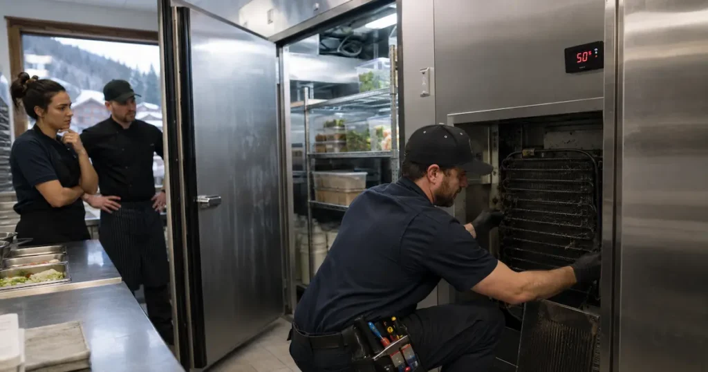Certified refrigeration technician fixing a warm walk-in cooler reading 50°F in a Summit County restaurant kitchen.