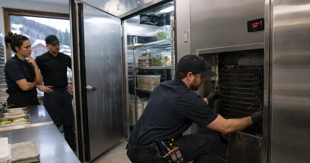 Certified refrigeration technician fixing a warm walk-in cooler reading 50°F in a Summit County restaurant kitchen.