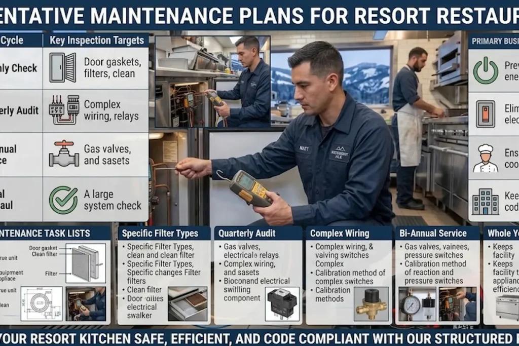 Commercial kitchen equipment repair Eagle County technician performing preventative maintenance audit on resort restaurant refrigeration unit.