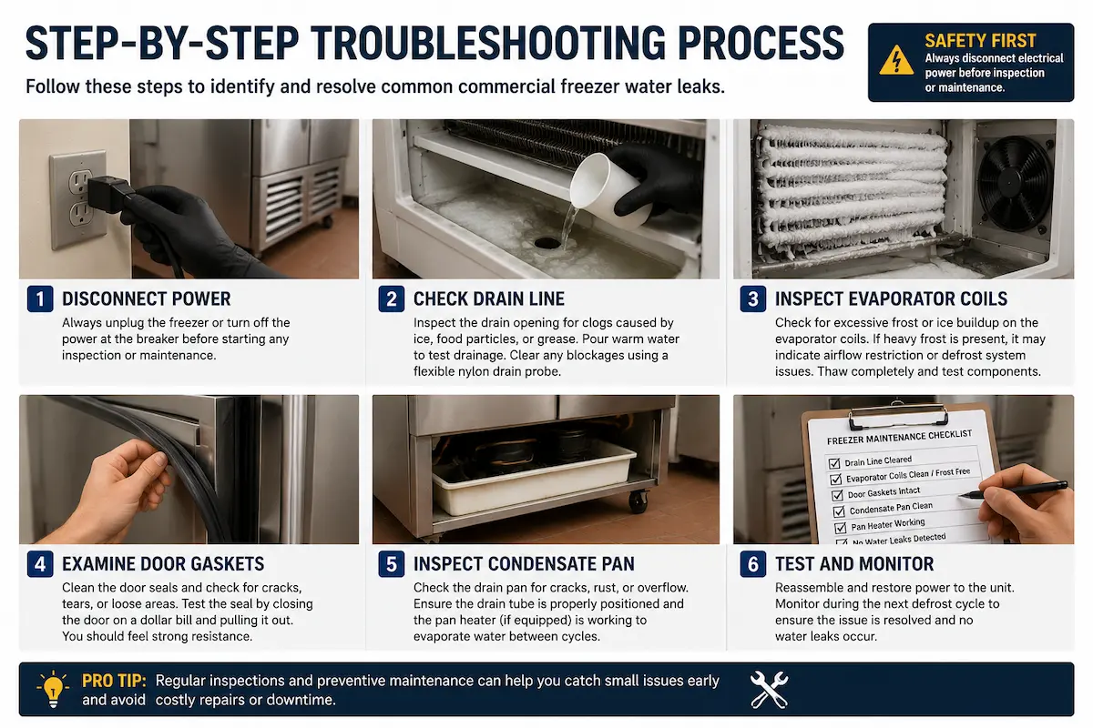 Step-by-step troubleshooting process for identifying and fixing commercial freezer water leaks in a restaurant kitchen