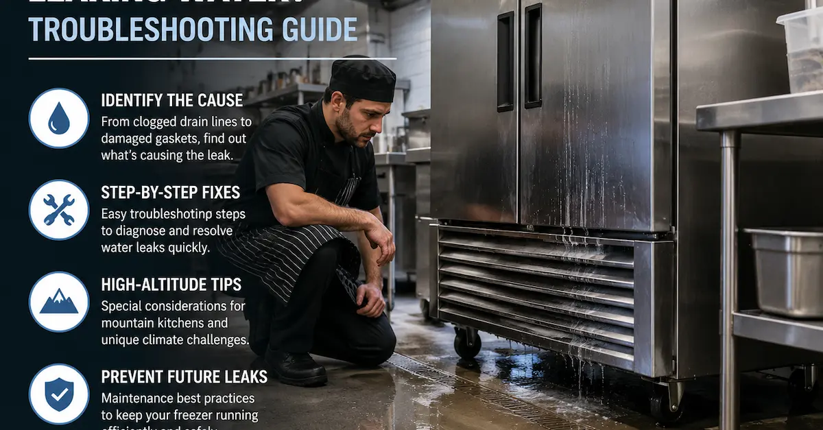 Commercial freezer leaking water in a restaurant kitchen with technician inspecting the refrigeration system