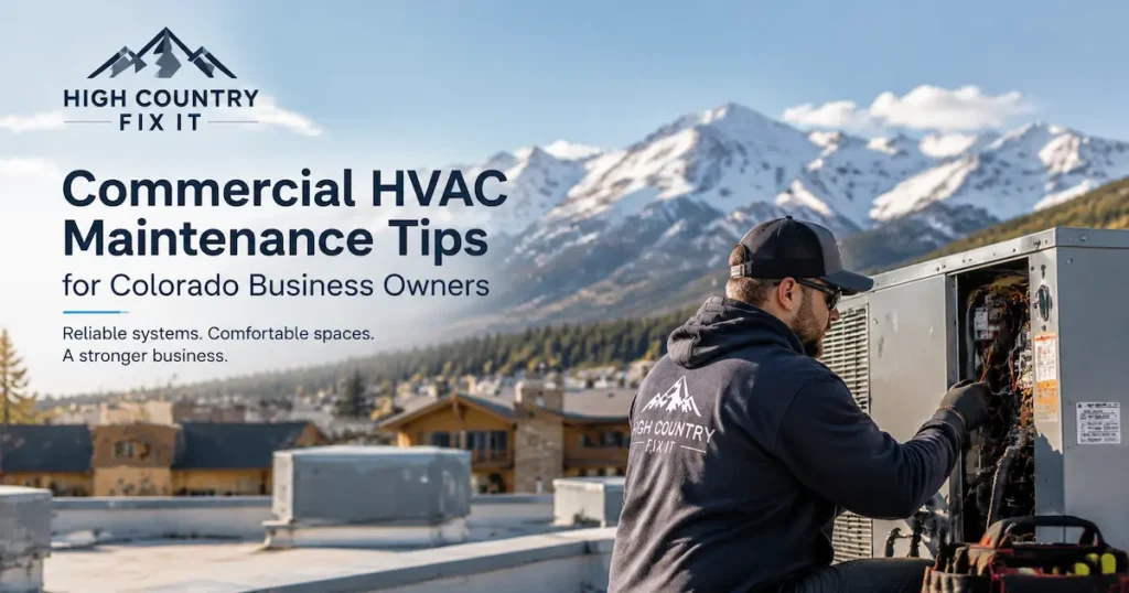 Commercial HVAC technician performing maintenance on rooftop equipment for a Colorado business