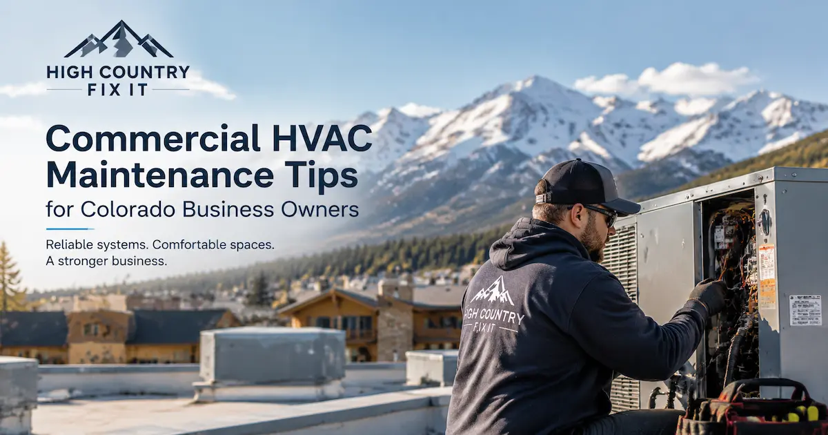 Commercial HVAC technician performing maintenance on rooftop equipment for a Colorado business