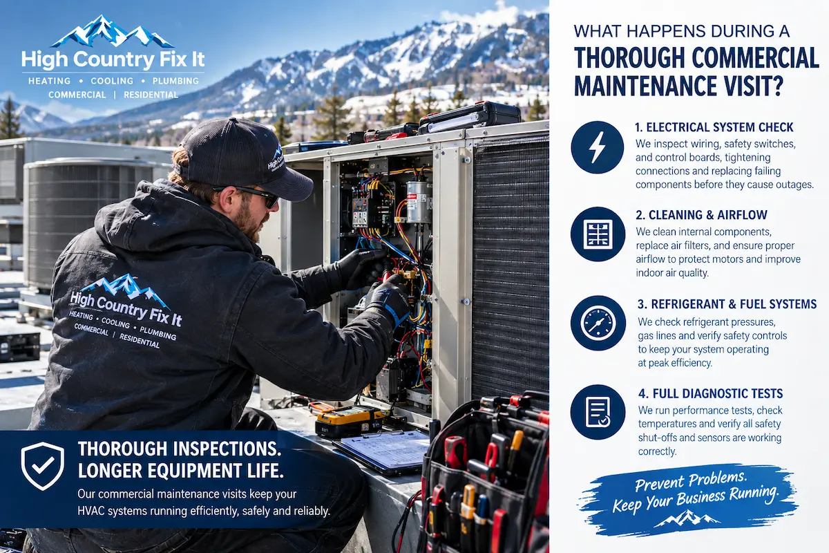 High Country Fix It infographic explaining commercial hvac preventative maintenance silverthorne checklist including electrical, cleaning, refrigerant, and diagnostic checks.