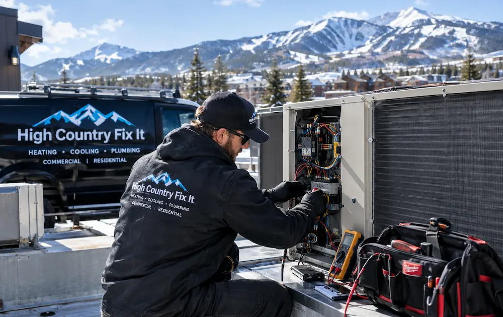 High Country Fix It technician performing commercial hvac preventative maintenance in Silverthorne CO.