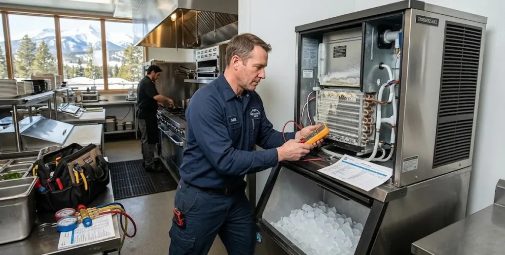 Commercial ice machine making cloudy ice being repaired by a technician in Summit County