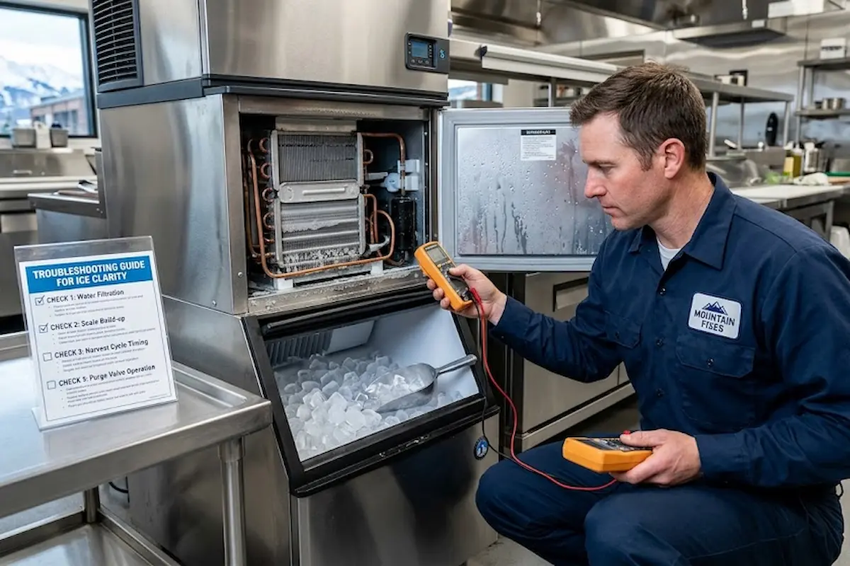 Alt Text: Troubleshooting guide for commercial ice machine making cloudy ice in high altitude mountain kitchens