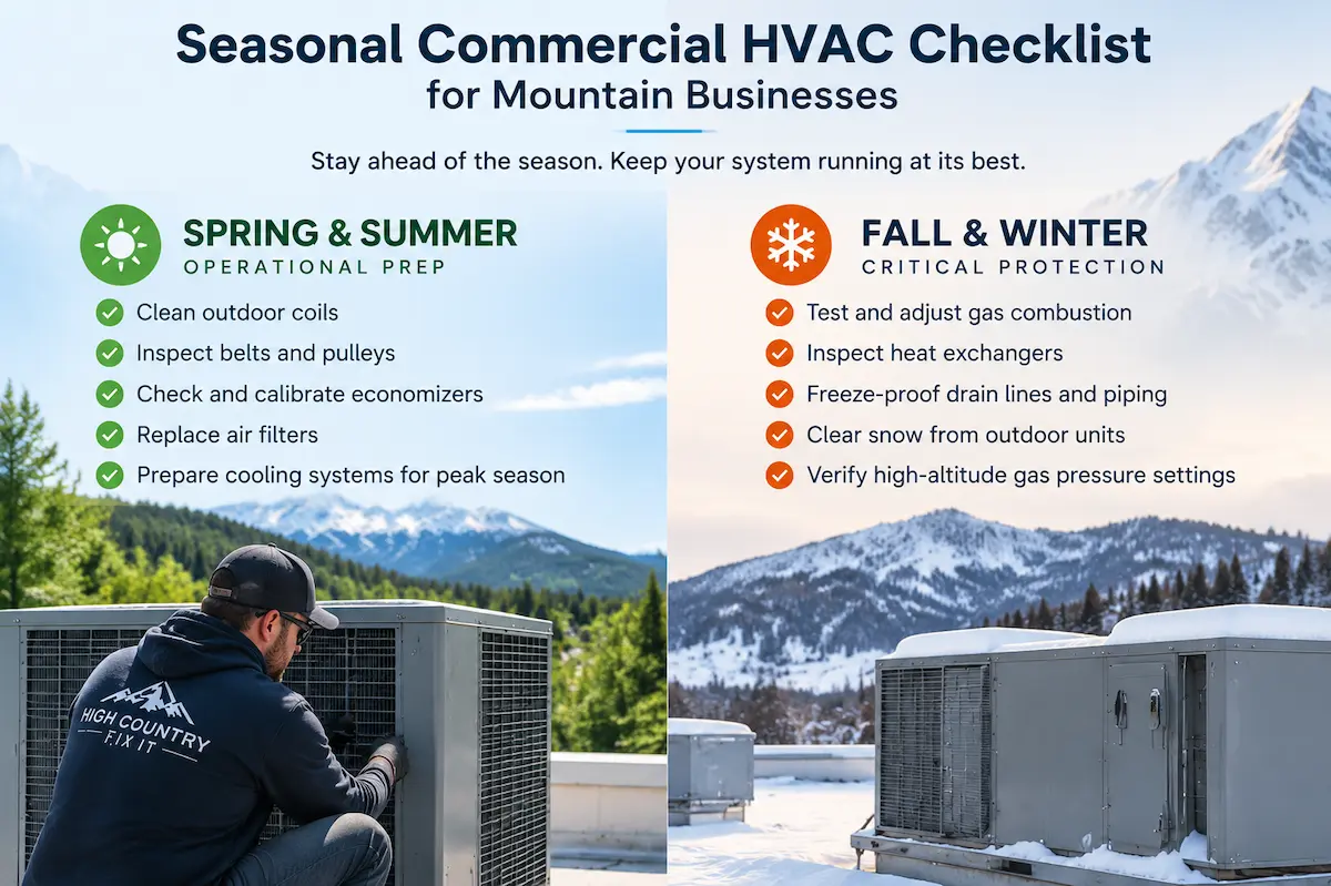 Seasonal commercial HVAC maintenance checklist for mountain businesses showing spring, summer, fall, and winter preparation tasks