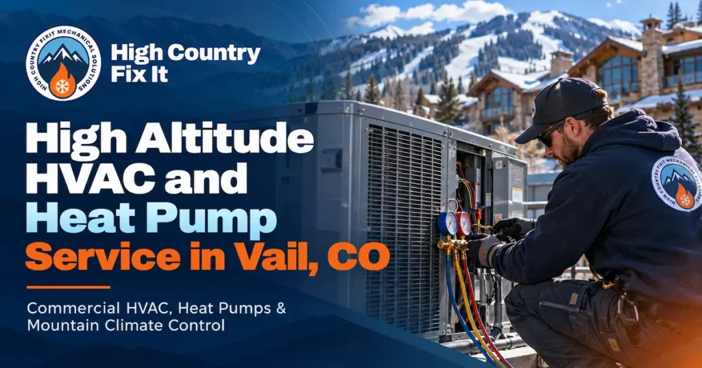 High altitude HVAC service in Vail technician servicing a commercial heat pump in Colorado