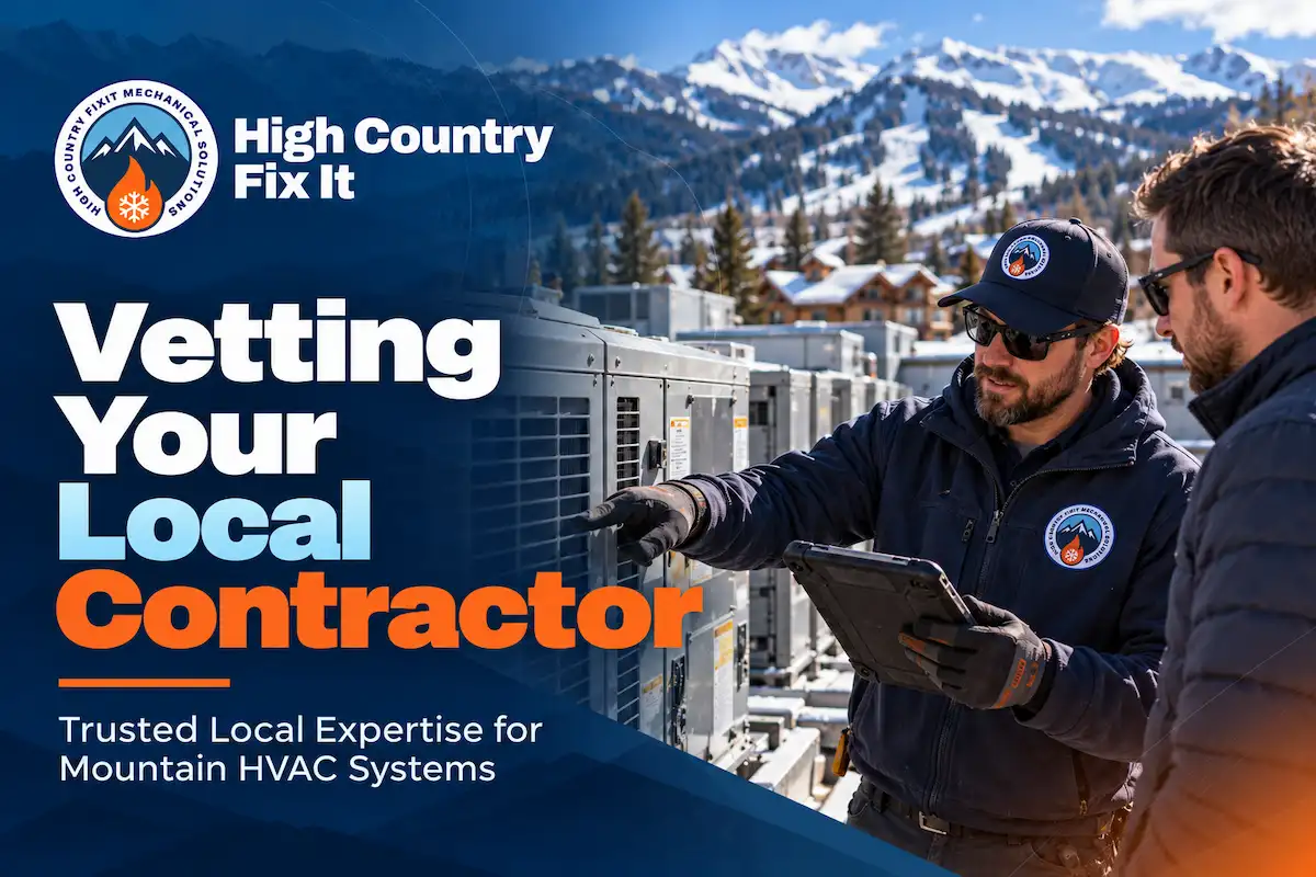 High altitude HVAC service in Vail technician reviewing commercial HVAC equipment with a local contractor